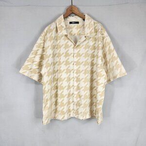 Nova Men Button Up Shirt XL Beige Tan Short Sleeve Hounds Tooth Suede Texture